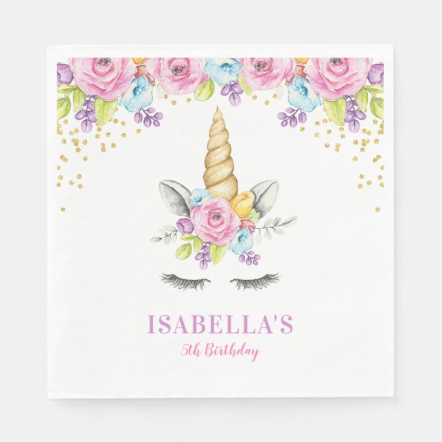 Serviette Jetable Aquarelle Floral Unicorne Anniversaire (Devant)