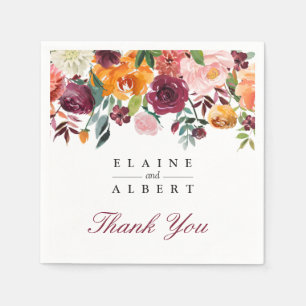 Serviette Jetable Aquarelle Marsala Mariage Fleurs roses