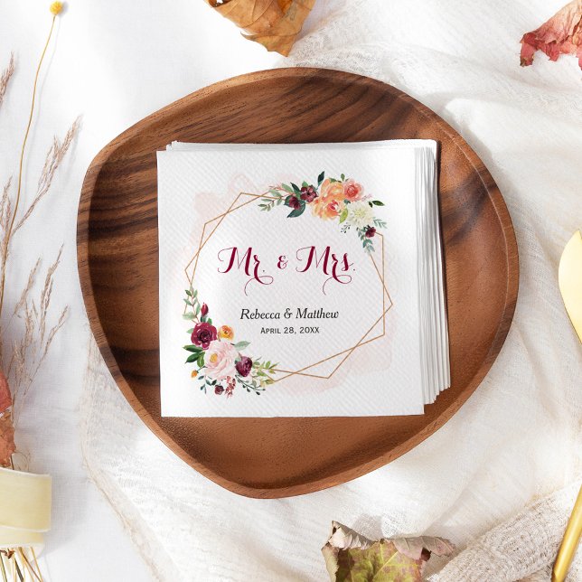 Serviette Jetable Aquarelle moderne rose floral M. et Mme Mariage (Créateur téléchargé)