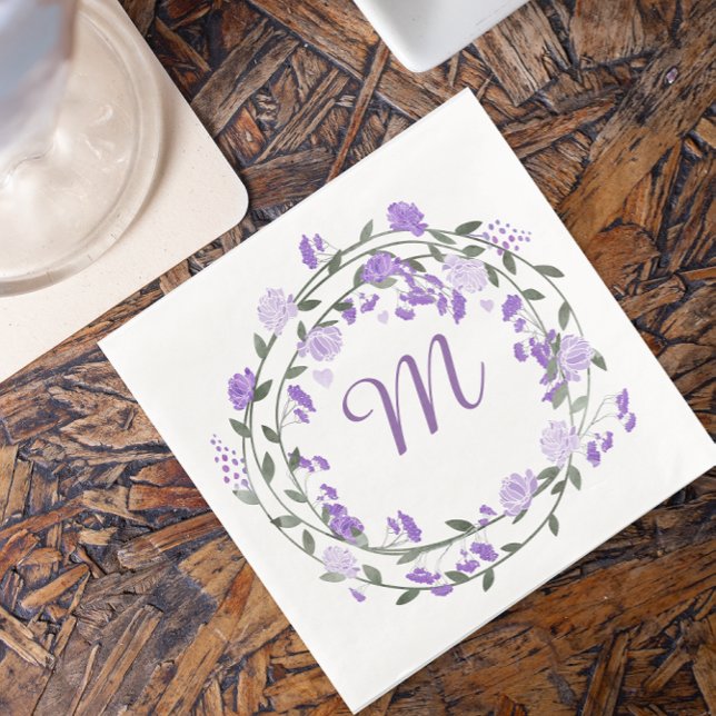 Serviette Jetable Aquarelle Peine pourpre Monogramme Wreath (Créateur téléchargé)