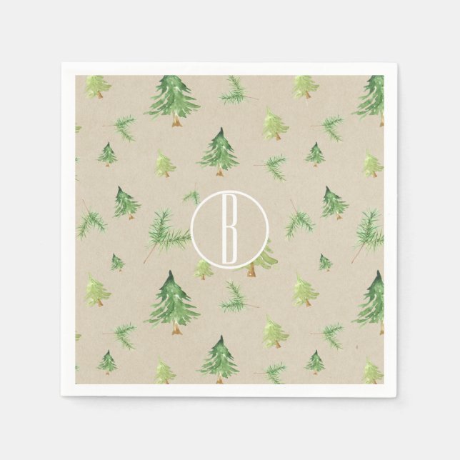Serviette Jetable Aquarelle Pine Arbres Kraft Rustique Mariage d'hiv (Devant)