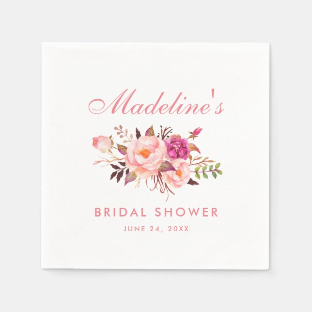 Serviette Jetable Aquarelle rose Blush Fête des mariées florale (Devant)