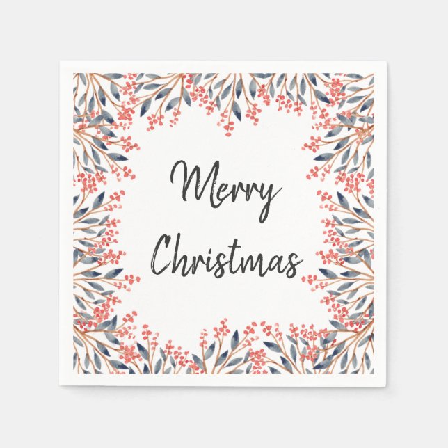 Serviette Jetable Aquarelle Rouge Fête d'hiver Berries Feuilles (Devant)