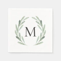 Aquarelle Vert Olive Branche Monogramme de la cour