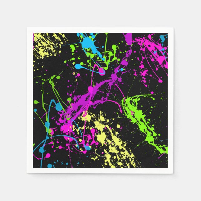 Serviette Jetable Arc-en-ciel rétro de Neon Paint Splateaux sur Noir (Devant)