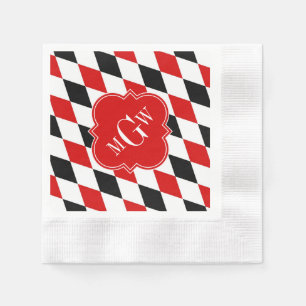 Serviette Jetable Arlequin noir blanc rouge Quatrefoil rouge 3 Monog