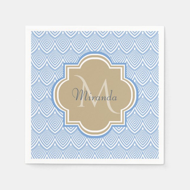Serviette Jetable Art Déco Bleu clair Balances de poisson Tan Monogr (Devant)