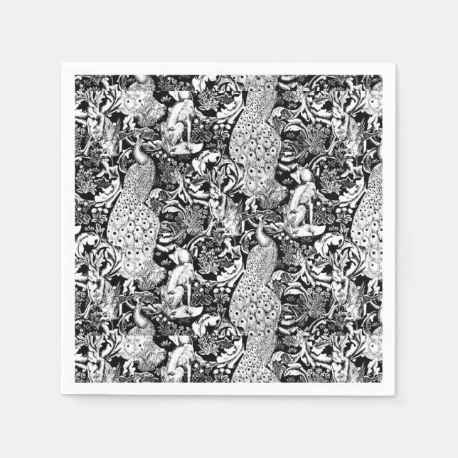 Serviette Jetable Art Nouveau Peacock Print, noir et blanc (Devant)