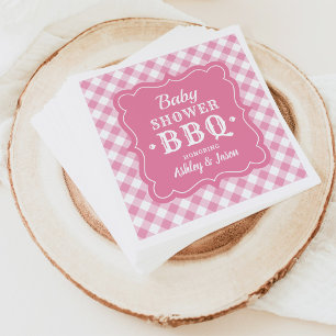 Serviette Jetable baby shower BBQ rose et blanc En vichy plaid