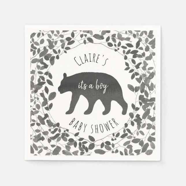 Serviette Jetable Baby shower de l'ourson noir et blanc (Devant)