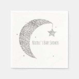 Serviette Jetable Baby Shower Lune et Étoiles Argent et Blanc