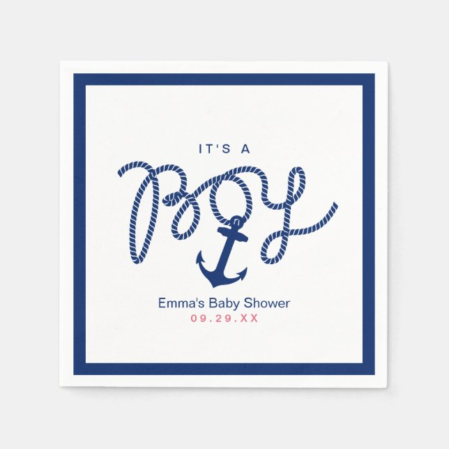 Serviette Jetable Baby shower Marine Bleu Ancre Garçon Nautique (Devant)