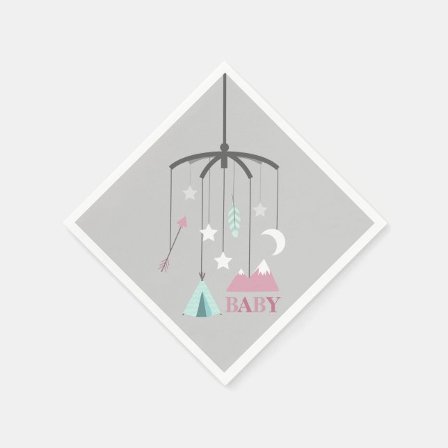 Serviette Jetable Baby shower moderne Bohême Mobile rose (Coin)