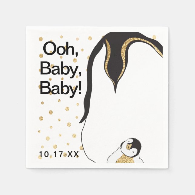 Serviette Jetable Baby shower Standard Napkin "Gold Penguin" (Devant)