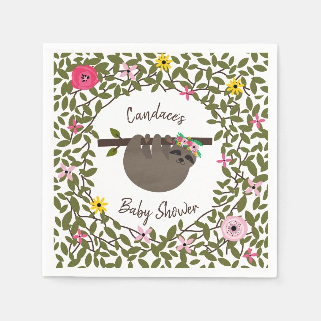 Serviette Jetable Baby Sloth Baby shower de verdure fleurie (Devant)