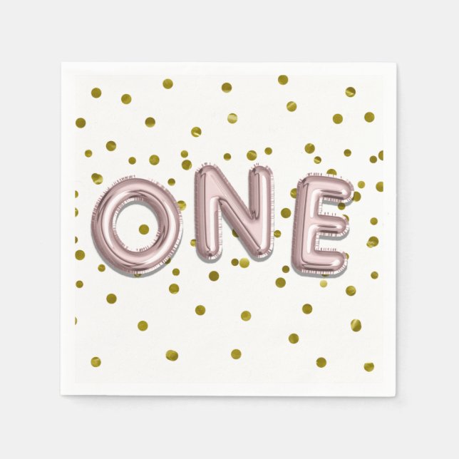 Serviette Jetable Ballons d'or rose Confetti 1er anniversaire (Devant)