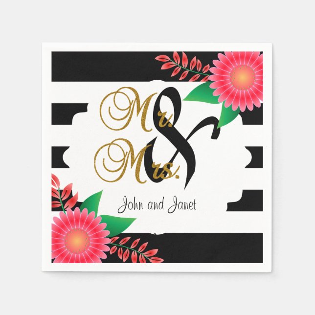 Serviette Jetable Bandes noires et blanches, Or | Mariage rose (Devant)