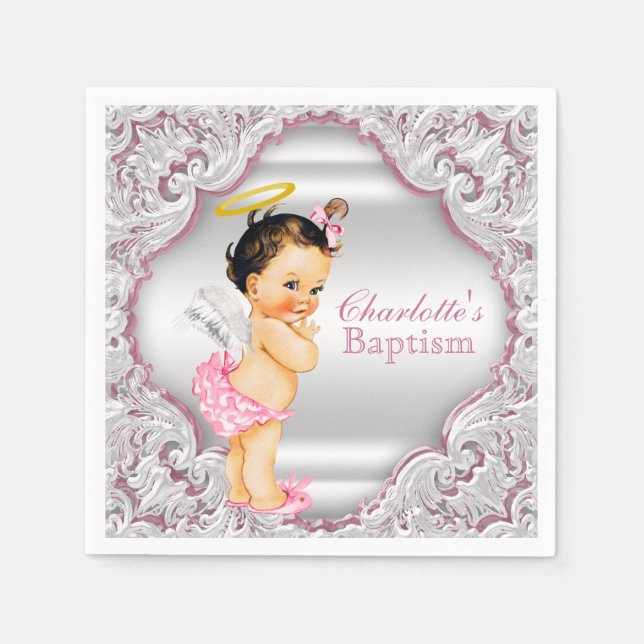 Serviette Jetable Baptême de fille ange rose (Devant)