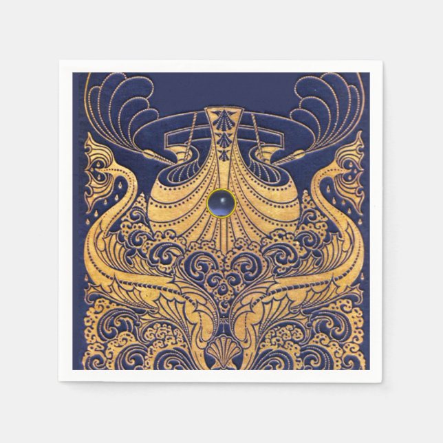 Serviette Jetable Bateau antique, Dauphins, Or, Bleu marine Nautique (Devant)