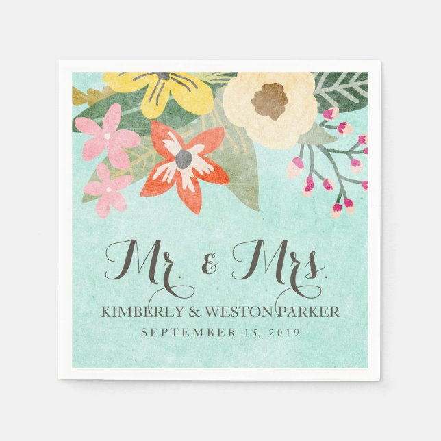 Serviette Jetable Belles fleurs Aquarelle Mariage floral / Aqua (Devant)