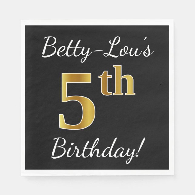 Serviette Jetable Black, Faux Gold 5e anniversaire + Nom personnalis (Devant)