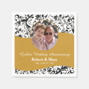 Serviette Jetable Black Swirl & Gold 50e anniversaire Mariage Photo