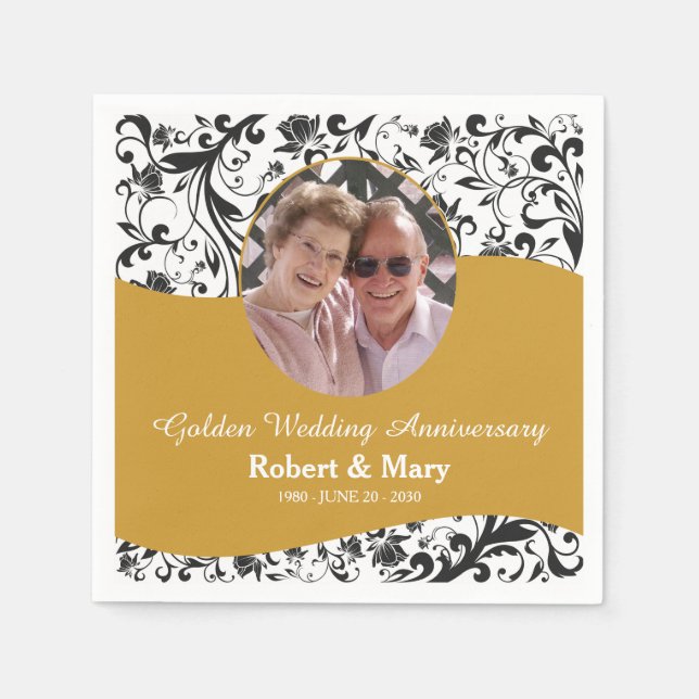 Serviette Jetable Black Swirl & Gold 50e anniversaire Mariage Photo (Devant)