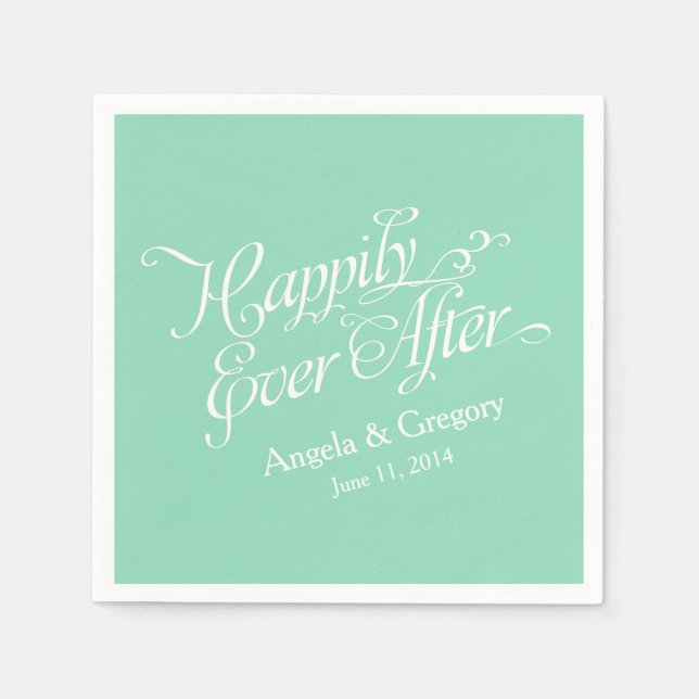 Serviette Jetable Blanc Vert Menthe Heureux Jamais Après Mariage (Devant)