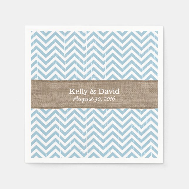 Serviette Jetable Bleu Chevron rayures Burlap ruban Mariage rustique (Devant)