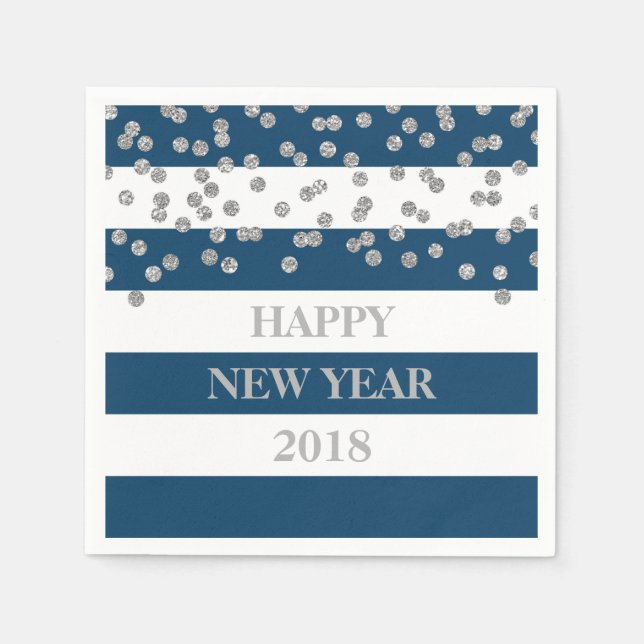 Serviette Jetable Bleu Confetti Argent Joyeux Nouvel An Napkins (Devant)
