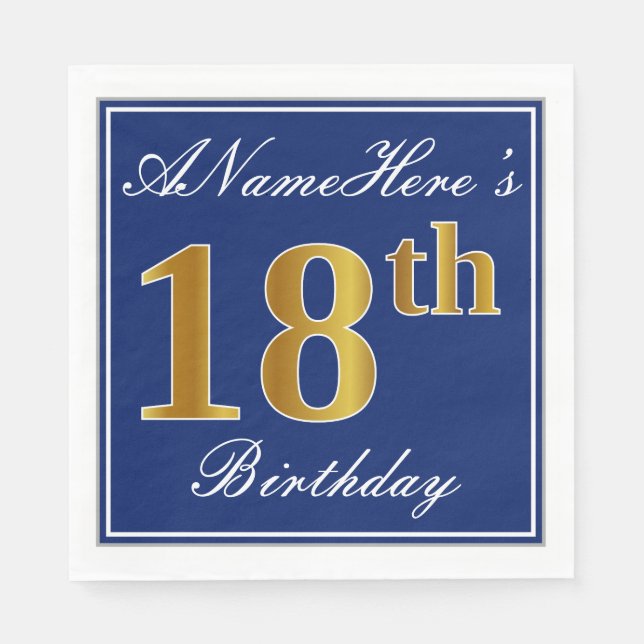 Serviette Jetable Bleu Élégant, 18ème anniversaire de Faux Gold; Nom (Devant)