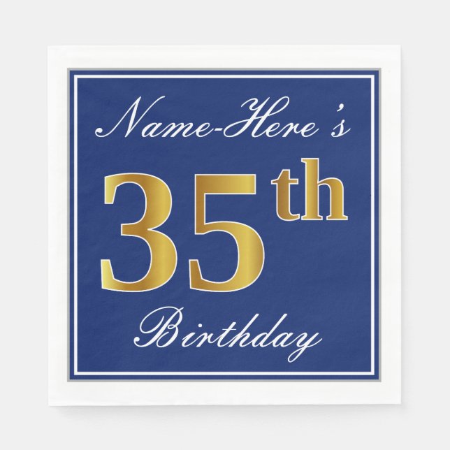 Serviette Jetable Bleu Élégant, Faux Gold 35e anniversaire; Nom pers (Devant)