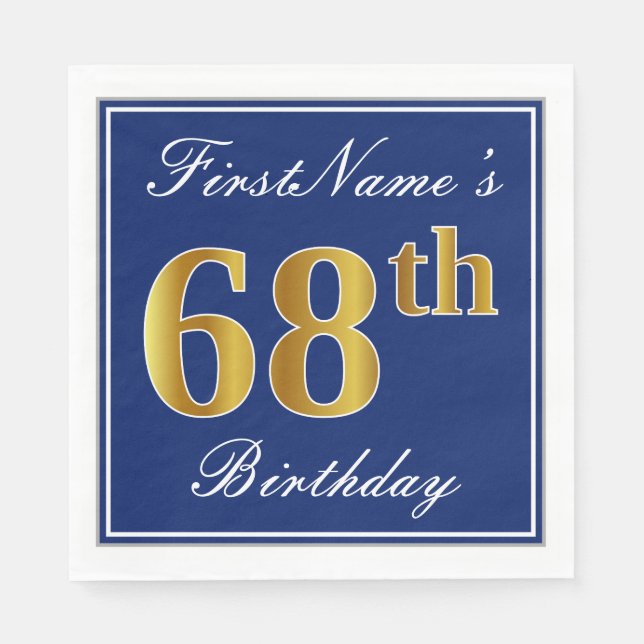 Serviette Jetable Bleu Élégant, Faux Gold 68e anniversaire; Nom pers (Devant)