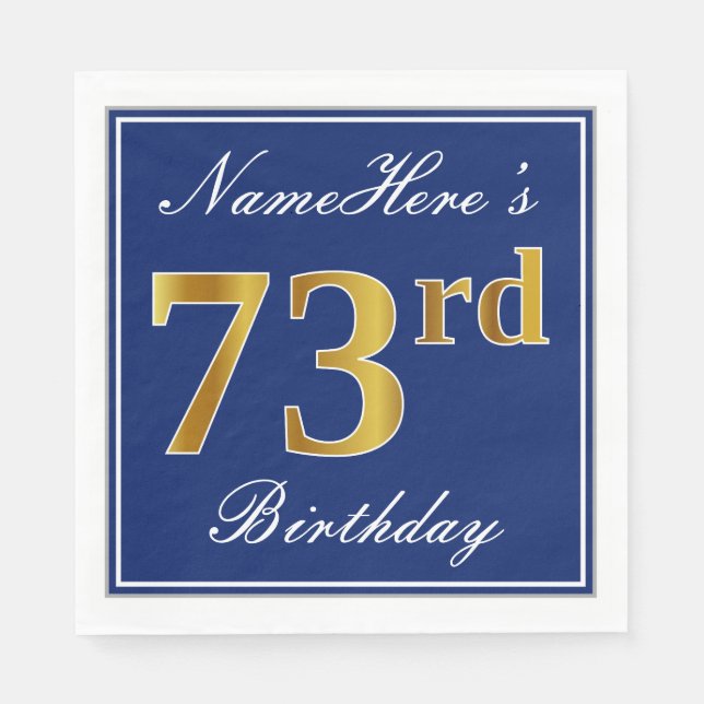 Serviette Jetable Bleu Élégant, Faux Gold 73e anniversaire; Nom pers (Devant)
