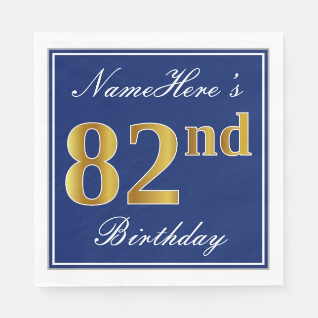 Serviette Jetable Bleu Élégant, Faux Gold 82e anniversaire; Nom pers (Devant)
