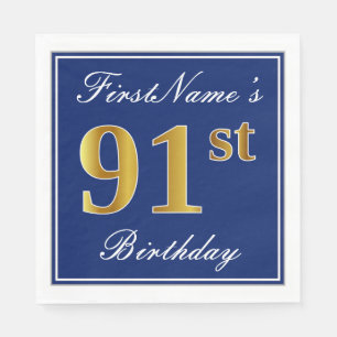 Serviette Jetable Bleu Élégant, Faux Gold 91ème Anniversaire ; Nom p