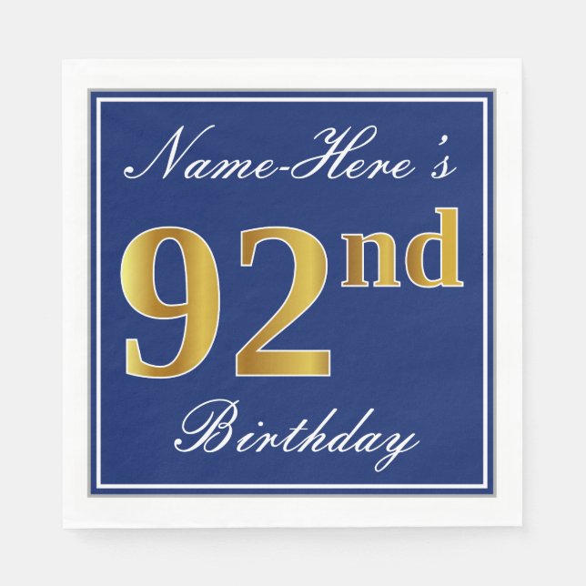 Serviette Jetable Bleu élégant, Faux Gold 92e anniversaire; Nom pers (Devant)