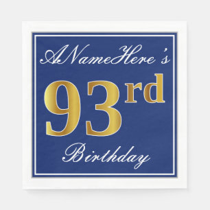 Serviette Jetable Bleu Élégant, Faux Gold 93e anniversaire; Nom pers