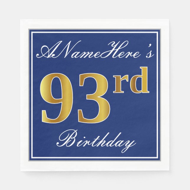 Serviette Jetable Bleu Élégant, Faux Gold 93e anniversaire; Nom pers (Devant)