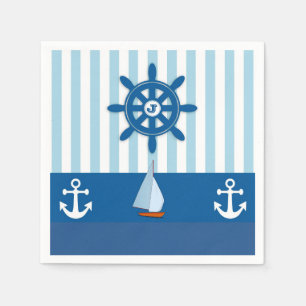 Serviette Jetable Bleu et Blanc Nautique thème Monogramme design.