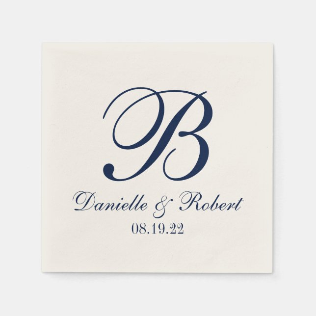 Serviette Jetable Bleu| Ivory Custom Wedding Monogram Papier Napkin (Devant)