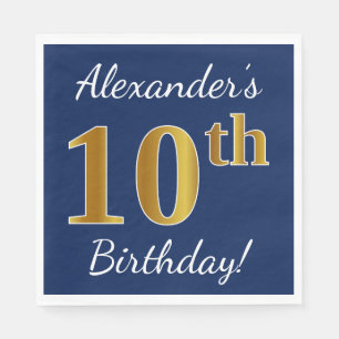 Serviette Jetable Blue, Faux Gold 10e anniversaire + Nom personnalis