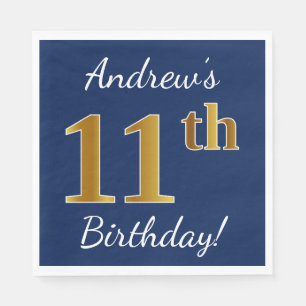 Serviette Jetable Blue, Faux Gold 11e anniversaire + Nom personnalis