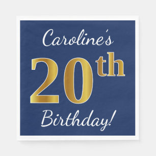 Serviette Jetable Blue, Faux Gold 20e anniversaire + Nom personnalis