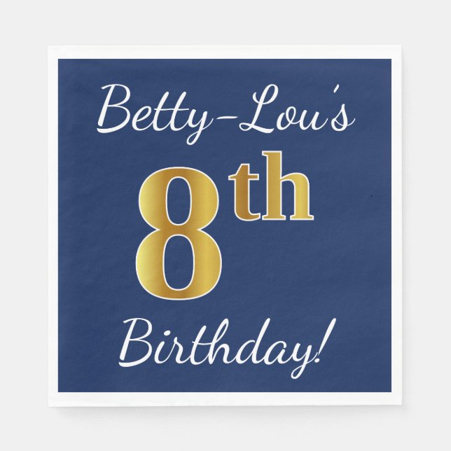 Serviette Jetable Blue, Faux Gold 8e anniversaire + Nom personnalisé (Devant)