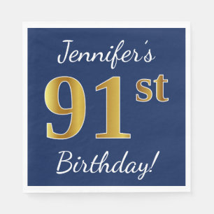 Serviette Jetable Blue, Faux Gold 91e anniversaire + Nom personnalis