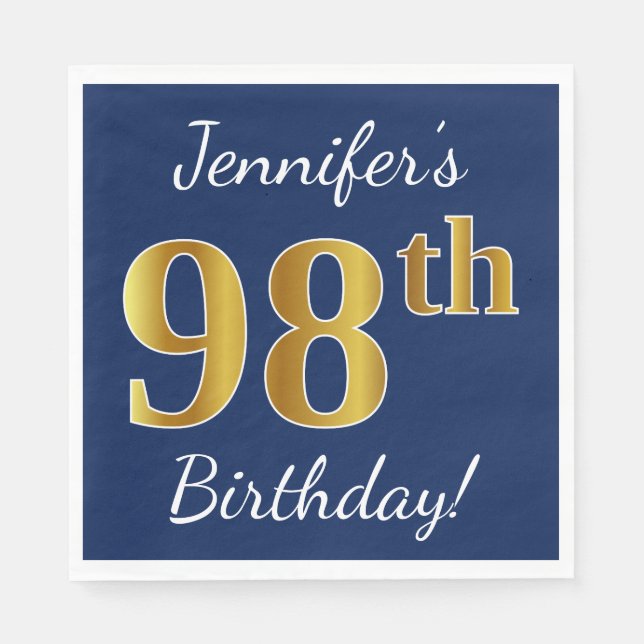 Serviette Jetable Blue, Faux Gold 98e anniversaire + Nom personnalis (Devant)