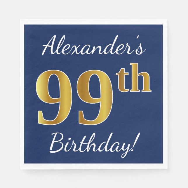 Serviette Jetable Blue, Faux Gold 99e anniversaire + Nom personnalis (Devant)