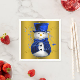 Serviette Jetable Blue Snowman sur Gold Christmas