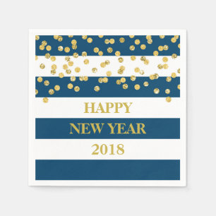 Serviette Jetable Blue Stripes Gold Confetti Joyeux Nouvel An Napkin